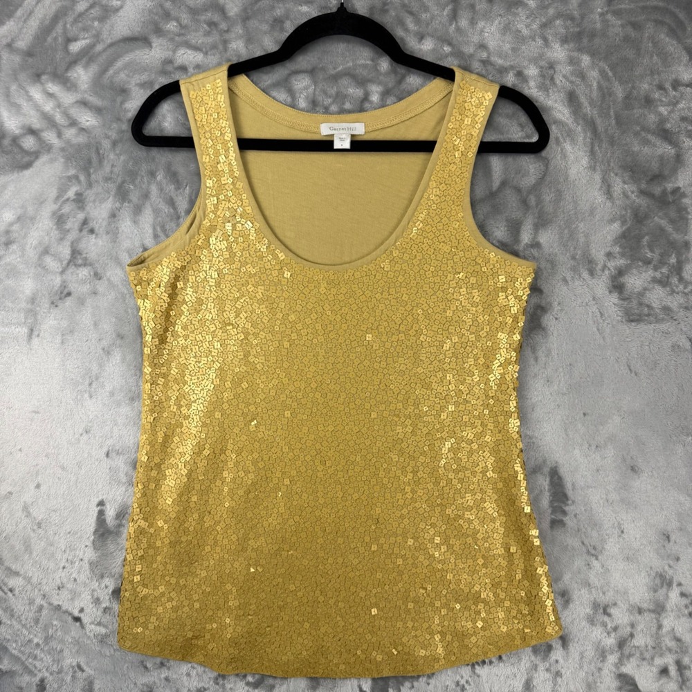 Garnet Hill Womens Small Gold Sequin Tank Mustard Yellow Sleeveless Scoop Neck